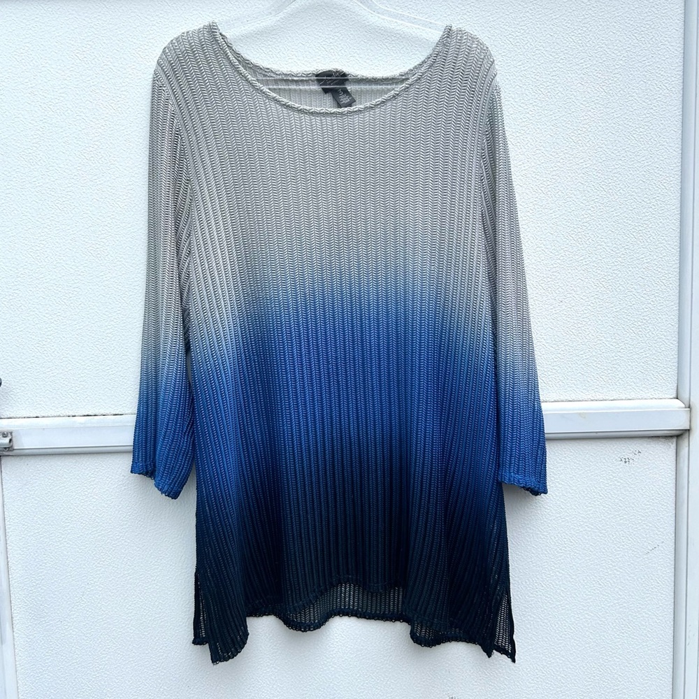Chicos Travelers Tunic Top Women 3/XL Dip Dye Ombré Blue Gray Loose Knit Stretch - Picture 2 of 13